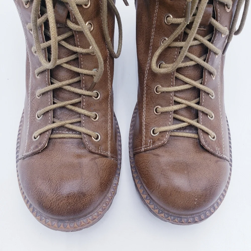 Vintage 90s Y2K Platform Lace Up Boots Chunky Brown Faux Leather Women's Size 10